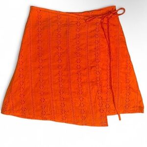 Francesca’s Miami Bright Orange Eyelet Faux Wrap Mini Skirt